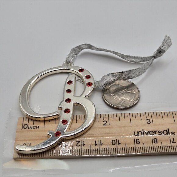 Christmas Ornament SilverTone Letter B Script Red Rhinestone Gift Pendant Charm - Picture 8 of 9